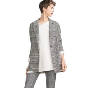 ZARA Houndstooth Black White One Button‎ Blazer Oversized Relaxed Fit Size S